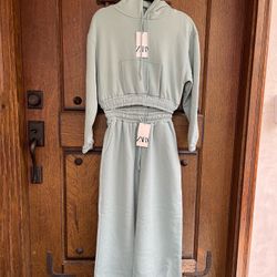 Zara Long Sleeve Sweatsuit Set With Hoodie And Wide Pants Size S