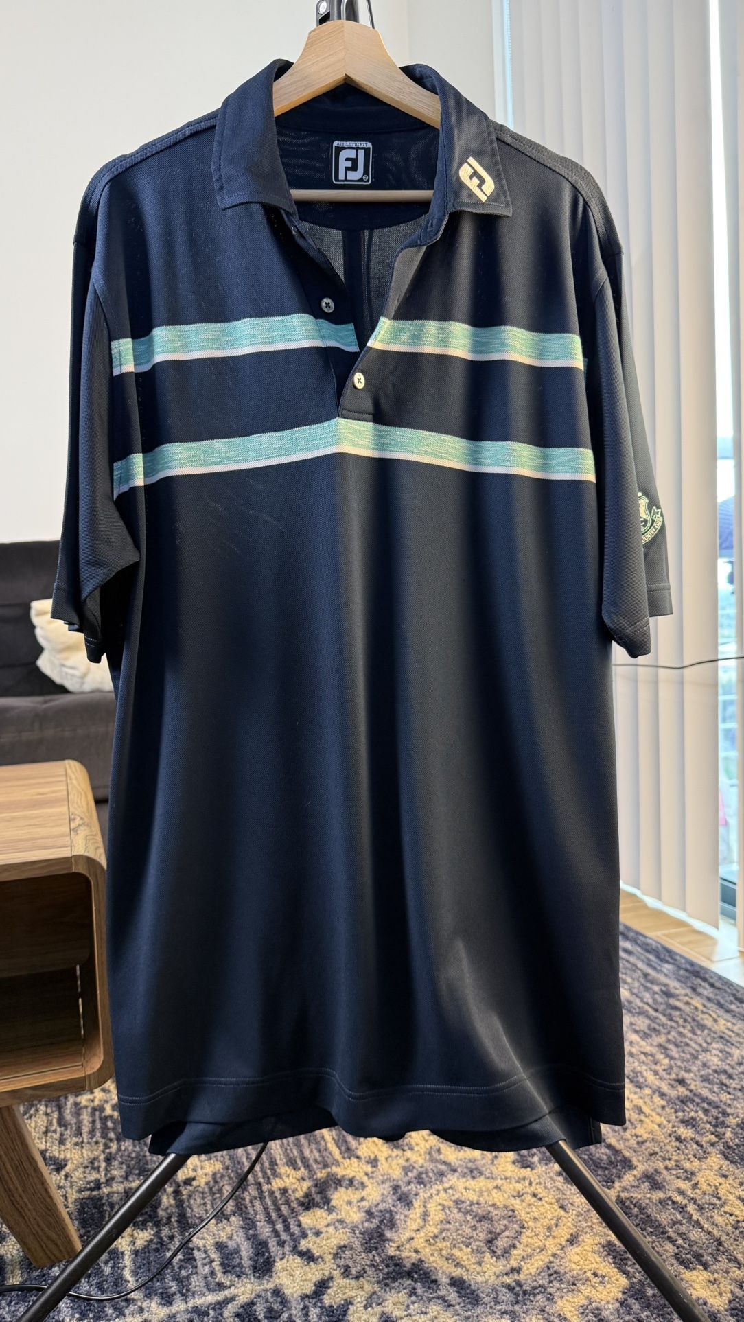 FootJoy Athletic Fit Golf Polo Shirt XL Fort Lauderdale CC Navy Blue Striped