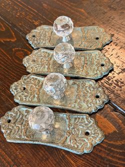 Four Crystal Stye Glass Cabinet Dresser Pull Handles with Cast Iron Backplate