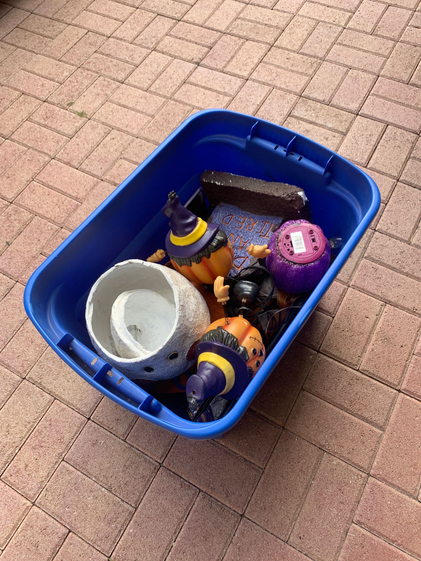 Bin full of Halloween Decorations