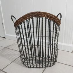 Antique Metal Basket With Wicker Braiding 