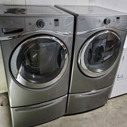 Whirlpool Front Load Washer And Stackable Gas Dryer Set With Pedestals 