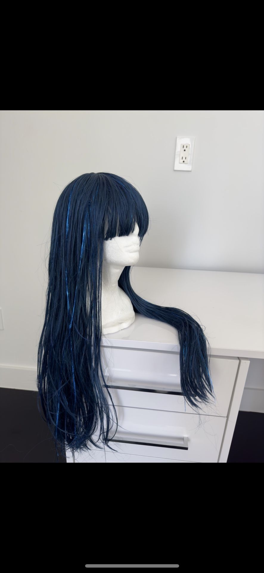 Dark Blue Wet Illusion Wig with Bangs and Shimmer