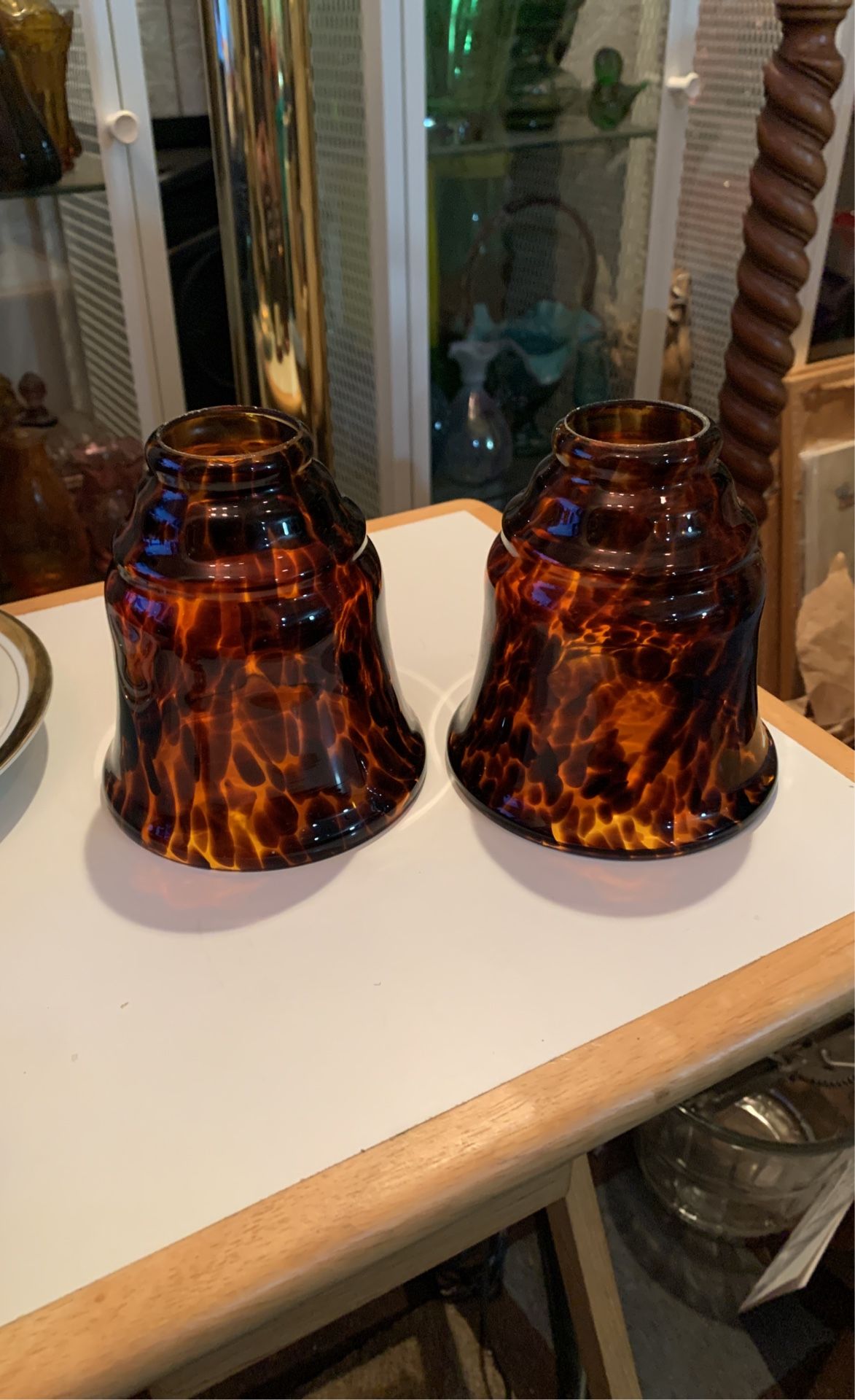 Pair Of Vintage Tortoise Swirl Glass Light Shades