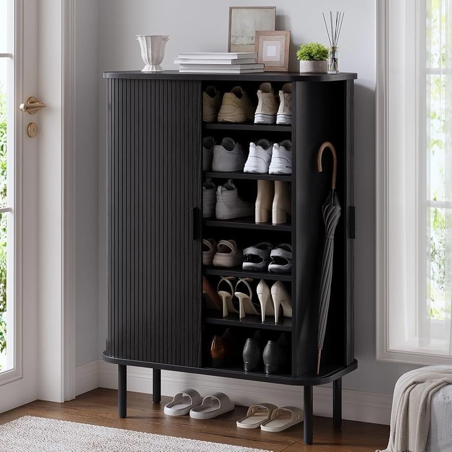 6-Tier Shoe Cabinet with Sliding Door, Wooden Shoe Storage Cabinet with Adjustable Shelves, Mid-Century Modern Freestanding Shoe Storage Or