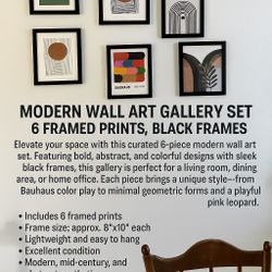Modern Wall Art Gallery Set – 6 Framed Prints, Black Frames
