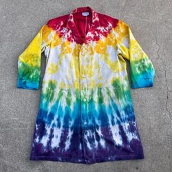 RARE Vintage Rainbow Tie Dye Button Up Denim Shop Coat Jacket 2XL USA Made OBO