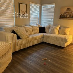 Stunning Beige Fluffy Corduroy Sectional Couch Delivery Available 🚚