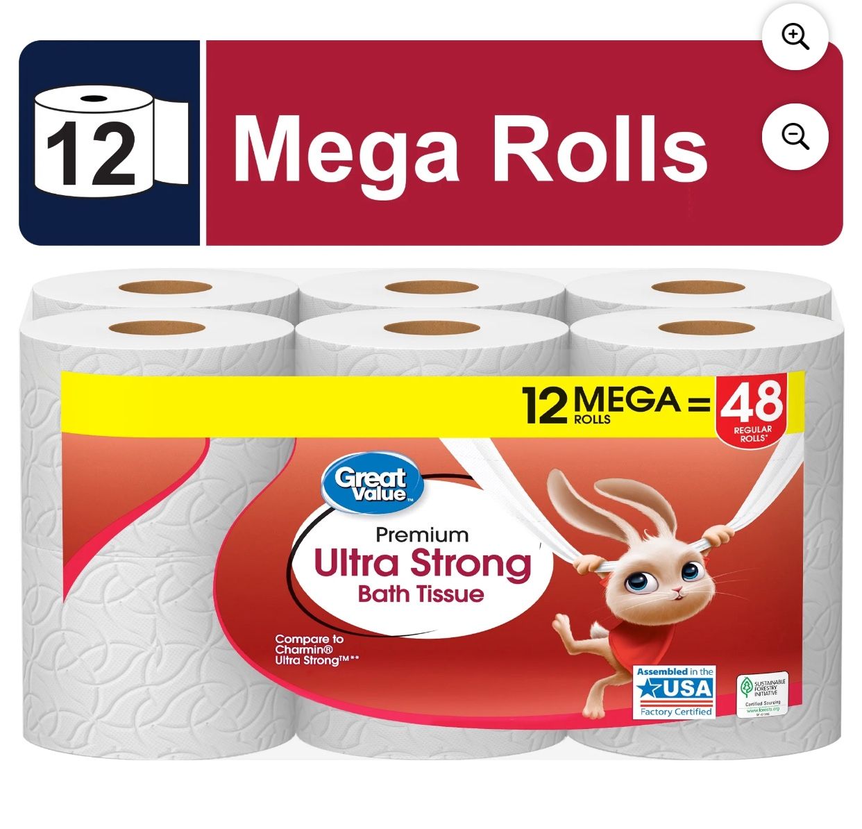 Great Value Ultra Strong 2-Ply Toilet Paper, 12 Mega Rolls, Compare to Charmin® Ultra Strong™