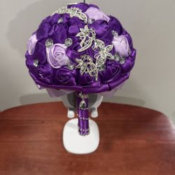 Satin Rose Bridal Bouquet (purple and lavender with rhinestones)