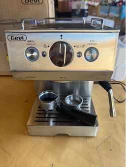 Gevi 15-Bar Stainless Steel Espresso Machine (Model GECMEOO3D-U) used for brewing espresso and frothing milk at home.