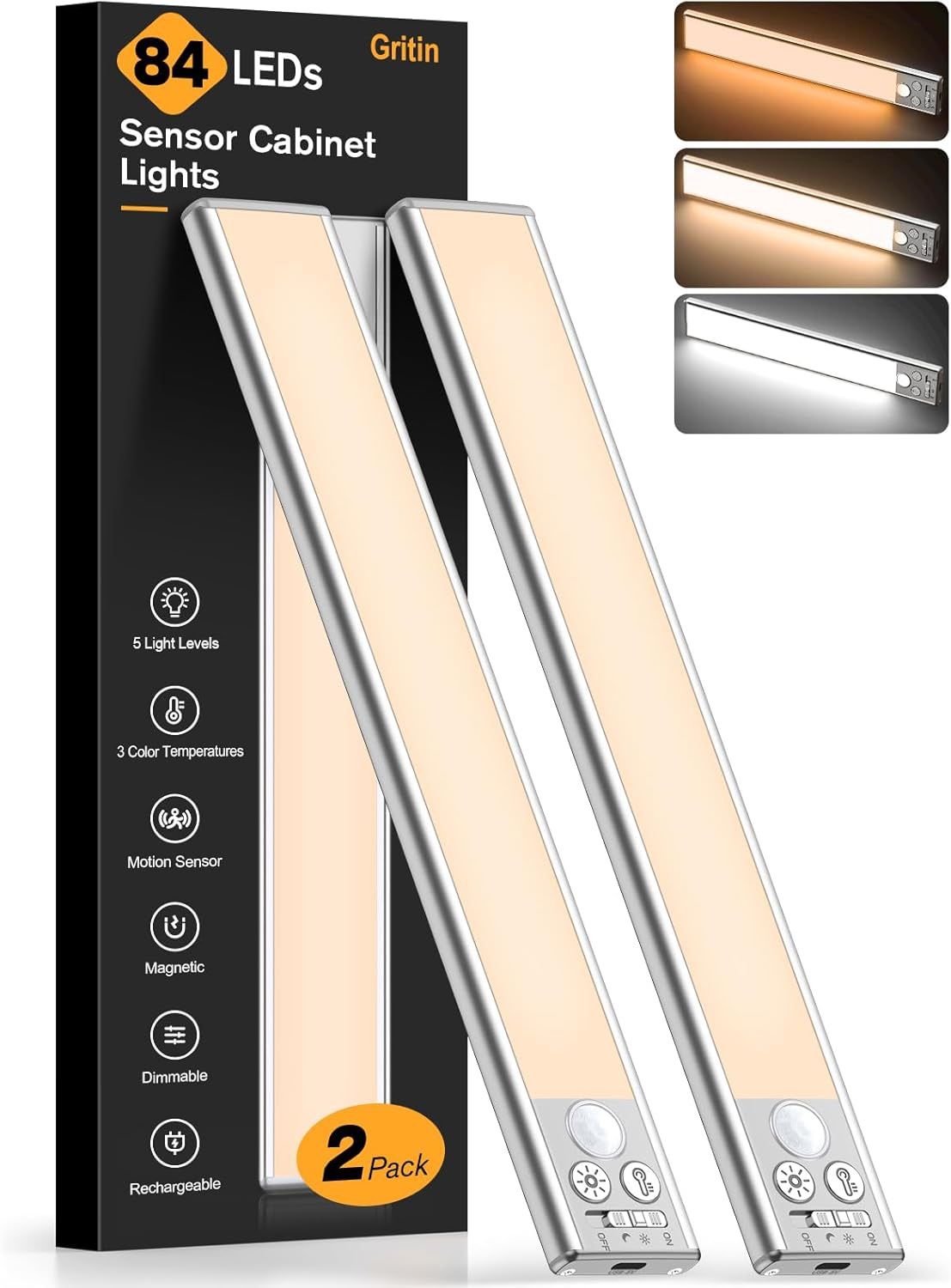 10.2inch Under Cabinet Lighting Rechargeable -84 LED Super Bright,3-Color& 5 Level Brightness,4 Modes,Motion Sensor, Long Lasting- Easy Installation M