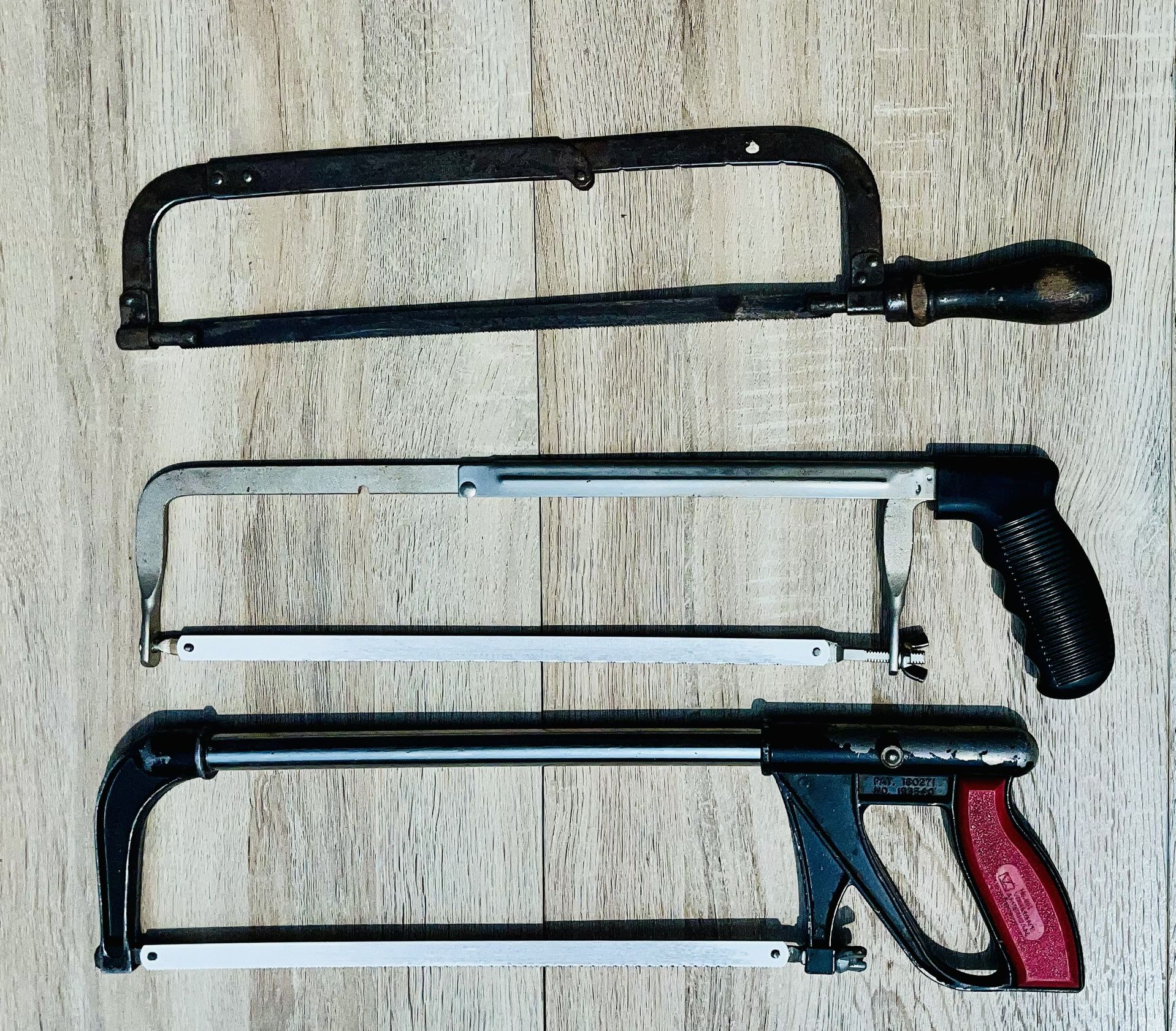 COLLECTION OF THREE 3️⃣ VINTAGE/ ANTIQUE HACKSAWS: Craftsman Lightweight Red & Black 12” Hacksaw & Great Neck Vintage Adjustable Length Hacksaw ⬇️⬇️