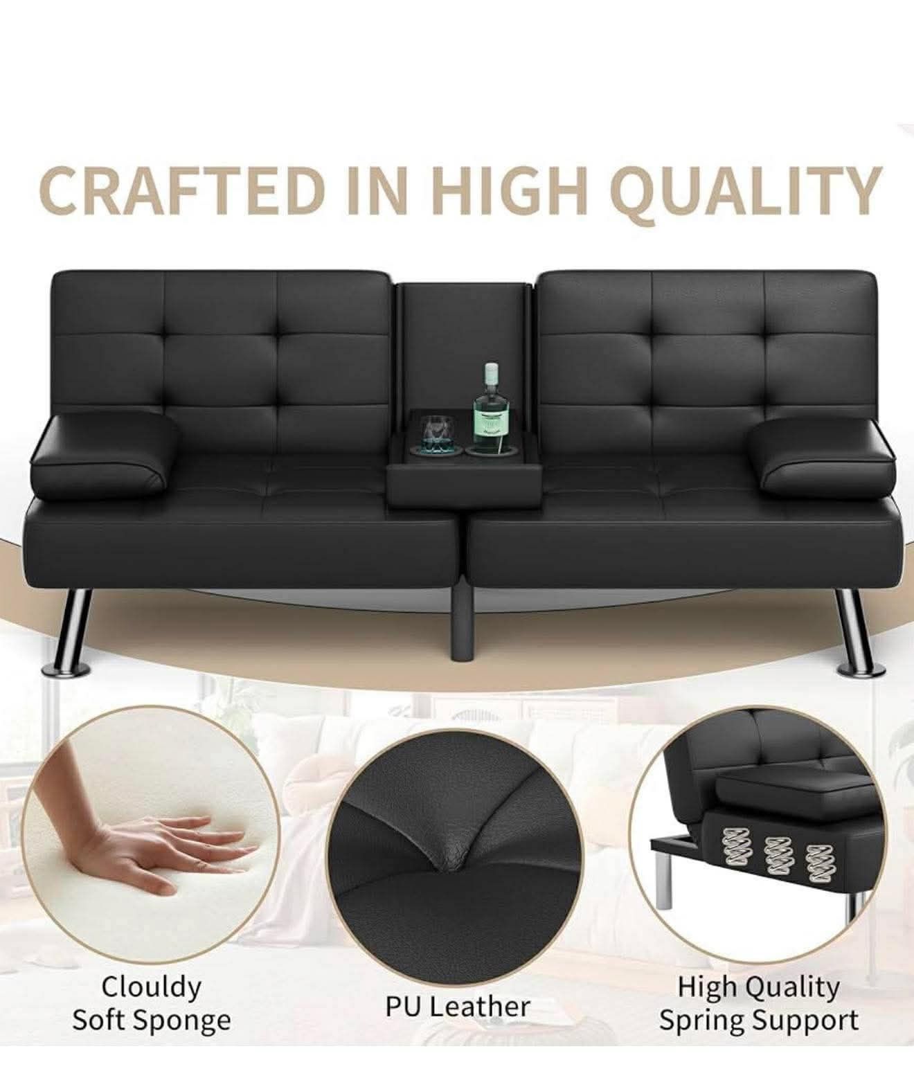 Modern Black Couch,Stylish Faux Leather Futon Sofa Bed for Living Room, Convertible Folding Lo D-30