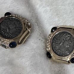4th-century Roman bronze coins depicting Emperor Constantine I, set within a setting embellished with diamonds and sapphire cabochons Earrings 