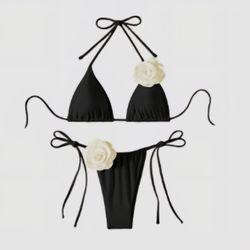 Women's 2 Piece Solid 3D Flower  Bikini Set Side Ties SIZE M 