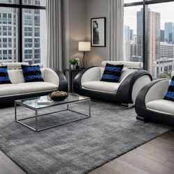 🔥 MODERN BLACK & WHITE LEATHER 3-PIECE SOFA SET 😍 🛋️ SOFA + LOVESEAT + CHAIR 🚚 FREE LOCAL DELIVERY INCLUDED