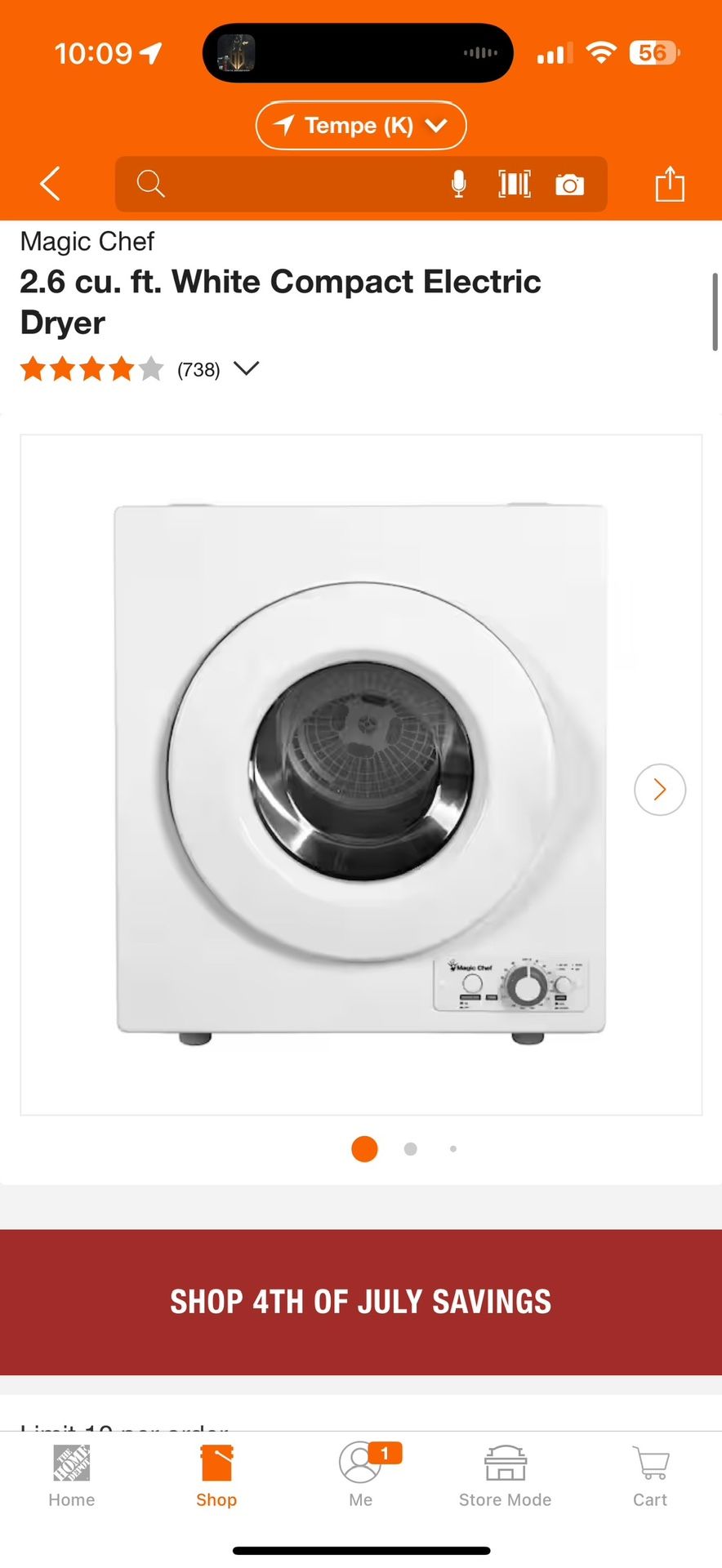 Magic Chef 2.6 cu. ft. White Compact Electric Dryer $99