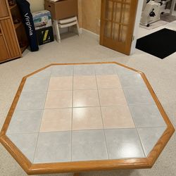 Dining Table, Oak Wood, Pastel Colored Surface Tiles With 4 Cushioned Chairs