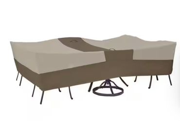 HAMPTON BAY RECTANGULAR OUTDOOR PATIO COVER Table with Chair Cover measure 27 in. H x in. 117 in. W x 76 in. D.