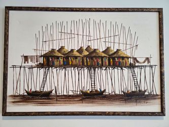 Framed African Village Stilt House Artwork – Vintage/Decorative