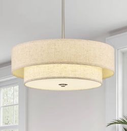 18" Modern Drum Chandelier, 4-Light 2-Tier Linen Pendant Light