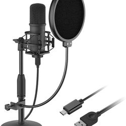 LESYAFEL USB Condenser Microphone Recording Kit with Desktop Stand and Pop Filter 192kHZ/24bit for YouTube,Podcast,Gaming,Studio Plug & Play for Lapto