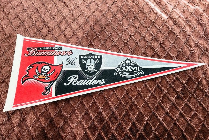 Super Bowl XXXVll - Super Bowl Pennant Flags • Tampa -Bay Buccaneers VS Raiders • Rico Industries Tags Express • Pennant Measures 12"-High X 30"-Long