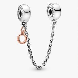 Dangling Crown O Safety Chain Charm
Sterling silver, 14k rose gold plating
