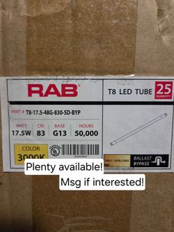 Rab Lighting T8 LED Tube Base G13 3000k 17.5w CRI 83 50k hours Ballast Bypass