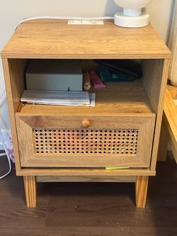 Wood Nightstand with Cane Drawer(2)