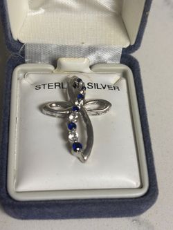 Elegant Sterling Silver Cross Pendant – Blue & Clear Stones