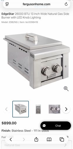 EdgeStar 26000 BTU 13 Inch Wide Natural Gas Side Burner with LED Knob Lighting New Sealed