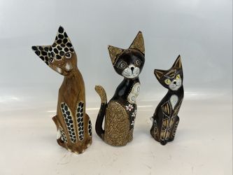 3 Wooden Cat Statues 