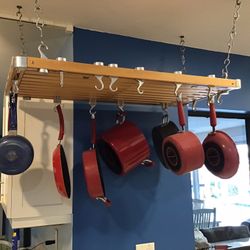  Wood Ceiling Mounted Hanging Pots and Pans Rack with 16 hooks~Excellent Condition 