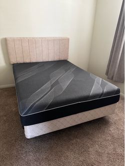 Queen mattress with box spring and frame