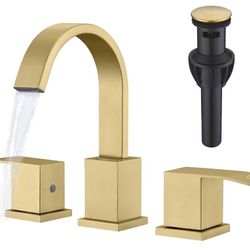 Brushed Gold Bathroom Faucet, 3 Holes, 8 Inch Widespread Bathroom Faucet with Pop Up Drain, 360° Swivel Spout