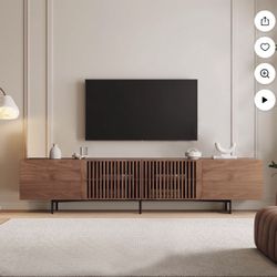 NessCarsti Mid-Century Modern TV Stand for 80+ Inch TVs, 94.48" Walnut Console with Storage, Elegant Entertainment Center for Living Room or Bedroom