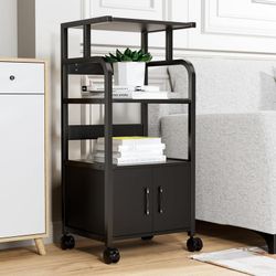 Assembled 4-Tier Large Printer Stand w/ Shelves Movable Storage Cart Floor-Standing Printer Cart Multi-Purpose Shelf Rack Wooden File Cabinet with Loc