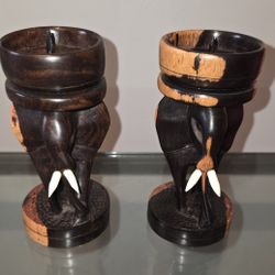 African Carved Wood Elephant Candle Holder 