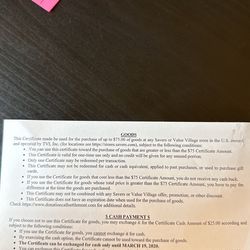 $75 certificate for Savers or Value Village store