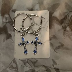 Blue Cross Hoop Earrings 