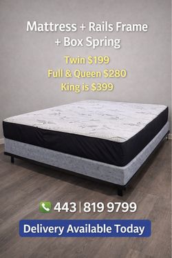 🌟 Queen Mattress, Box Spring, and Rails Frame Set - Same Day Delivery and Pay After Delivery 🚚