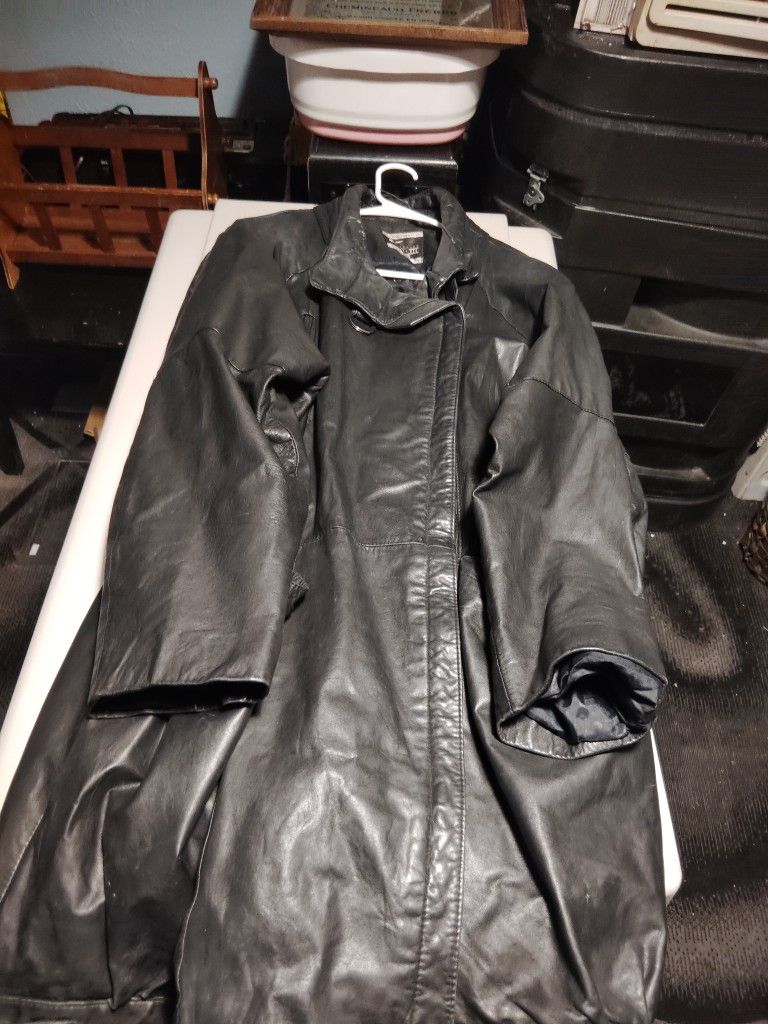 woman's long leather coat