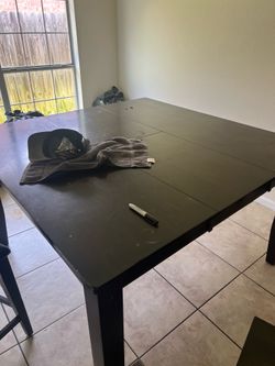 brown high adjustable dining table with chairs and bench 600 OBO