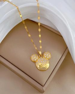 Gold-tone Mickey Mouse Icon Pendant Necklace w/ Rhinestone Crystal Accents