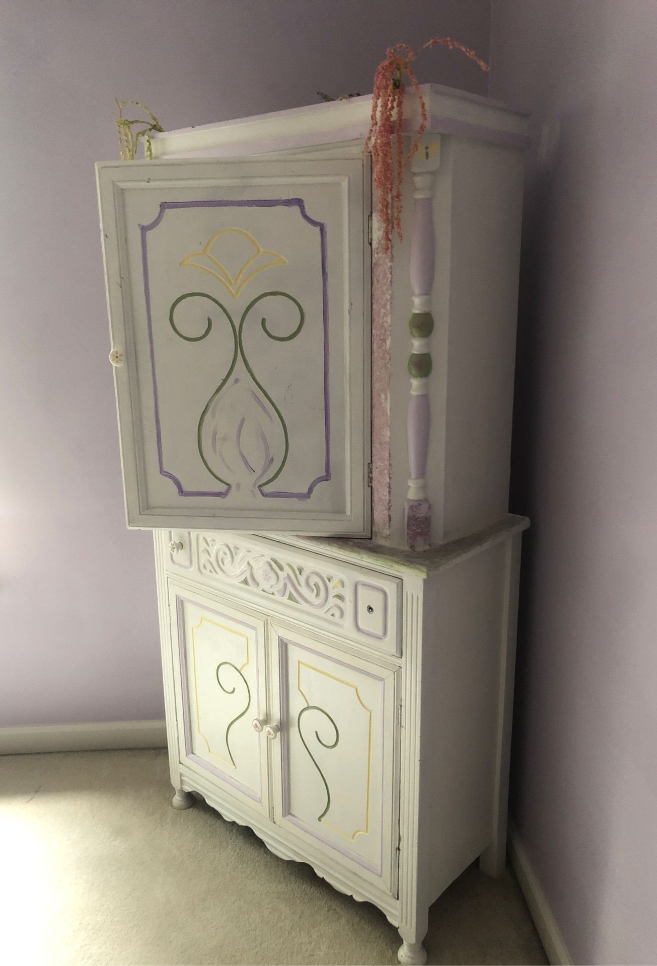 Antique hand painted baby armoire .