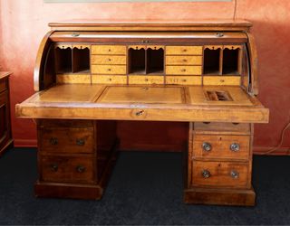 Antique Cylinder-top Desk - 19th Century Mahogany w/ Leather Insets