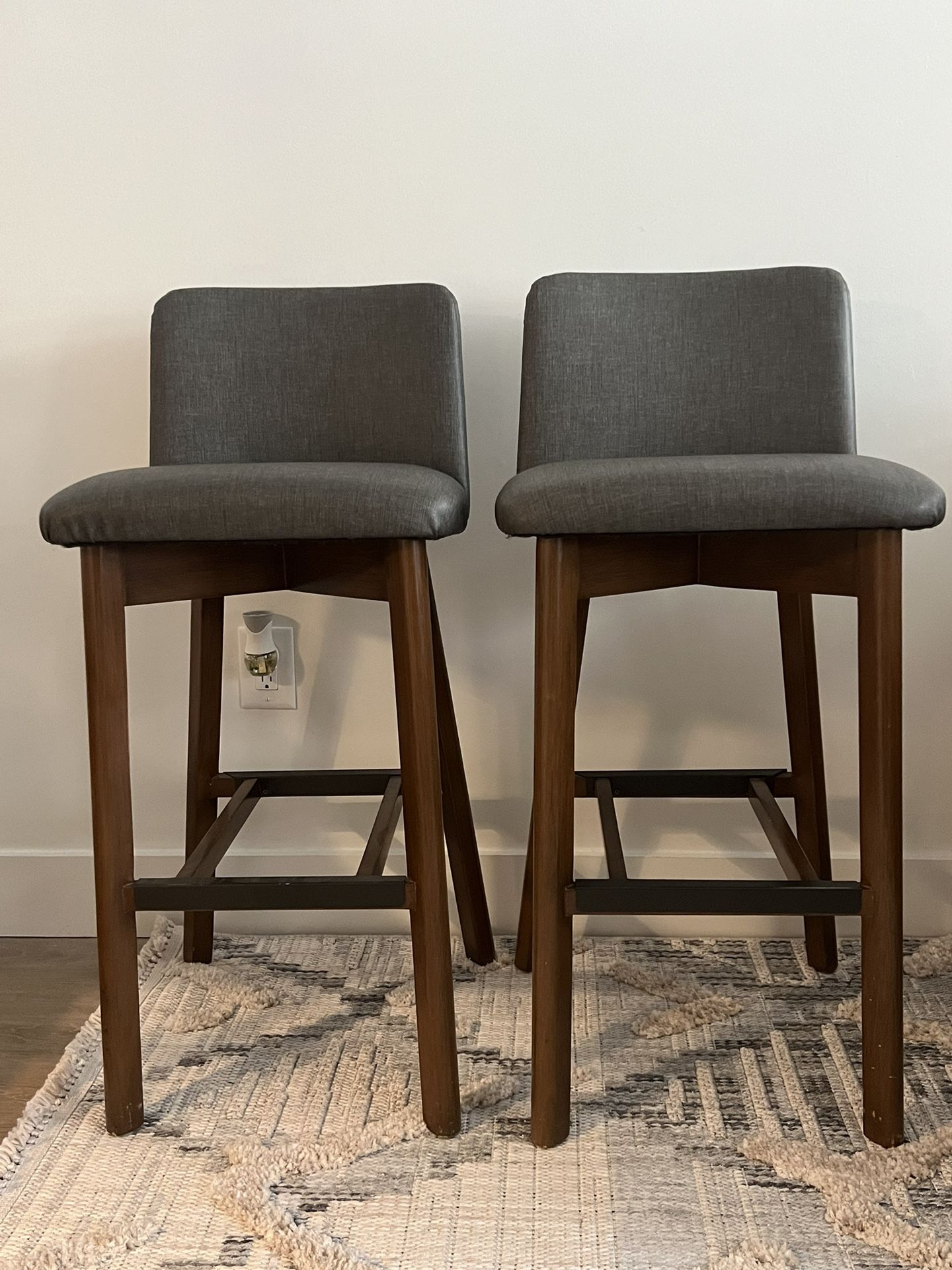 2 Barstools - Gray seat w/ Brown legs