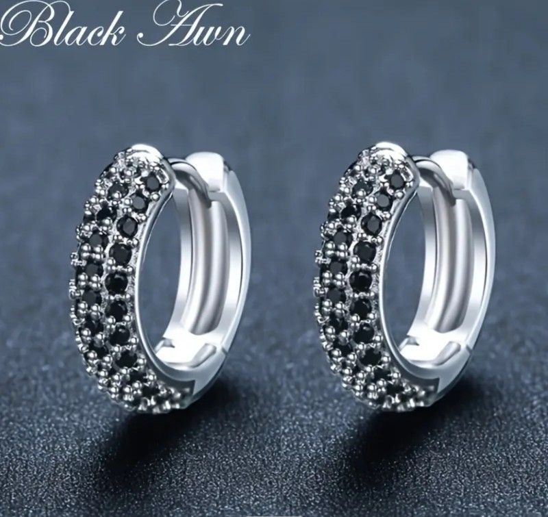 Exquisite Micro Pave 14K White Gold-Plated Black Cubic Zirconia 16mm Men Women Huggie Hoop Earrings